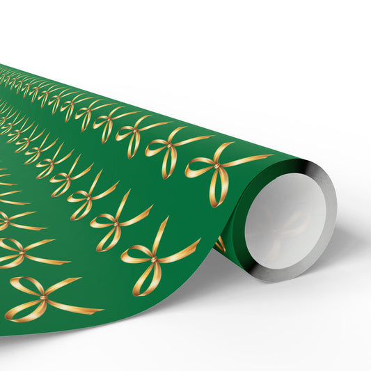 Holiday Green Wrapping Paper Roll — Gold Bow Pattern