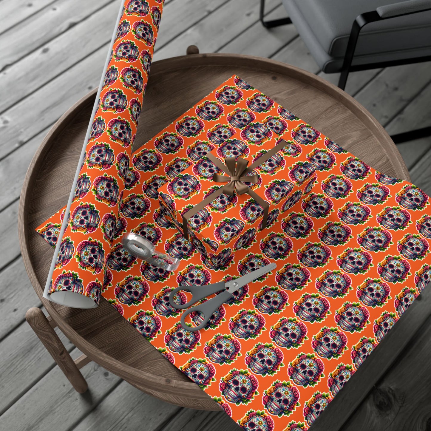 Day of the Dead Sugar Skull Gift Wrap Paper — Vibrant Orange Mexican Holiday Wrapping