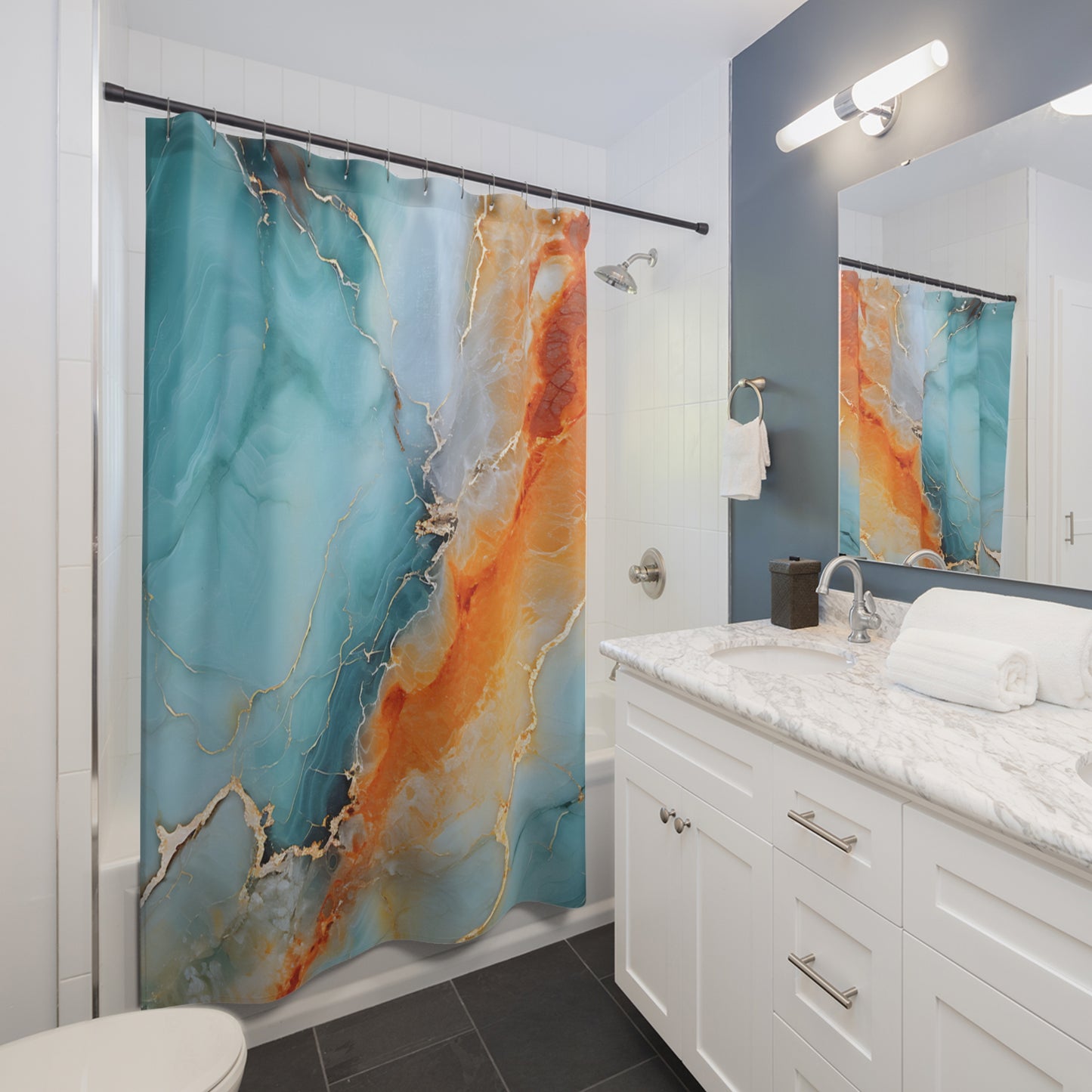 Abstract Blue Orange Marble Shower Curtain – Turquoise & Coral Bathroom Decor