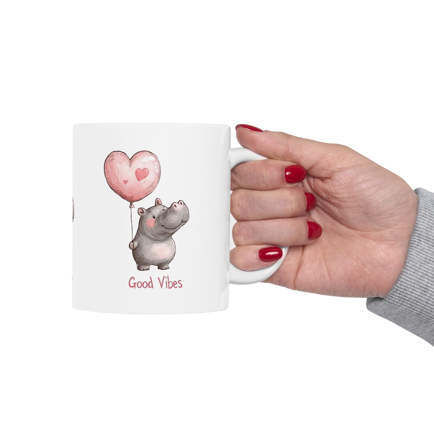 Cute Hippo Good Vibes Ceramic Mug, Gift for Animal Lovers, Positive Quote Coffee Cup, Birthday Present, Valentine's Day