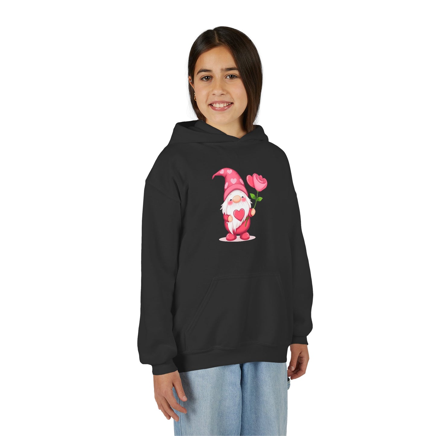 Valentine Gnome Kids Hoodie — Cute Pink Gnome Holding Rose Youth Sweatshirt