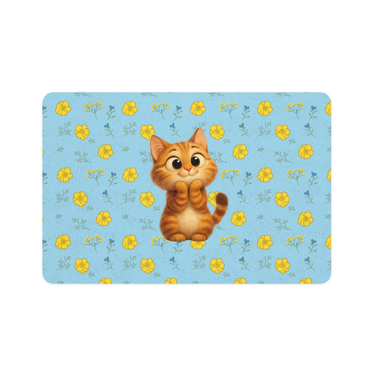 Cute Orange Kitten Pet Food Mat (12x18) — Non-Slip Cat Feeding Placemat with Floral Blue Background