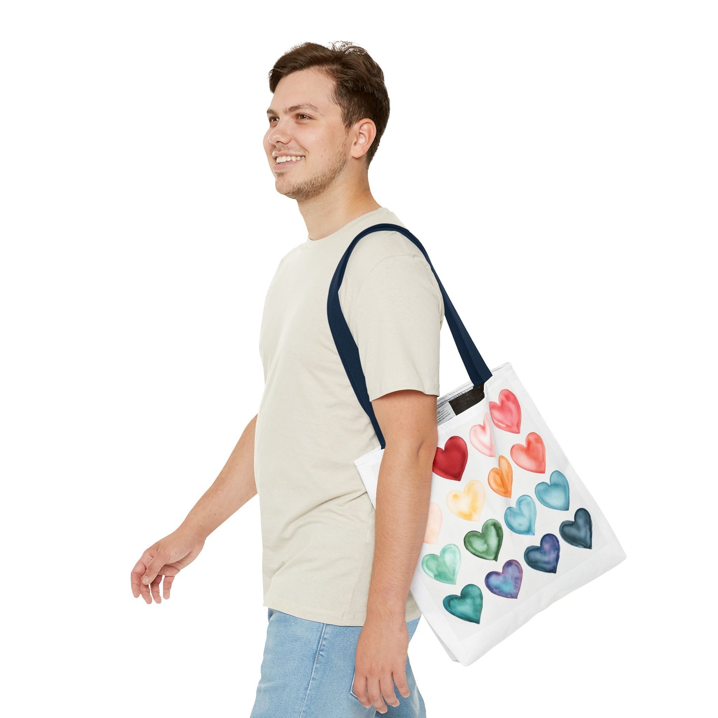 Watercolor Rainbow Hearts Tote Bag — Colorful Heart Pattern Beach & Market Tote