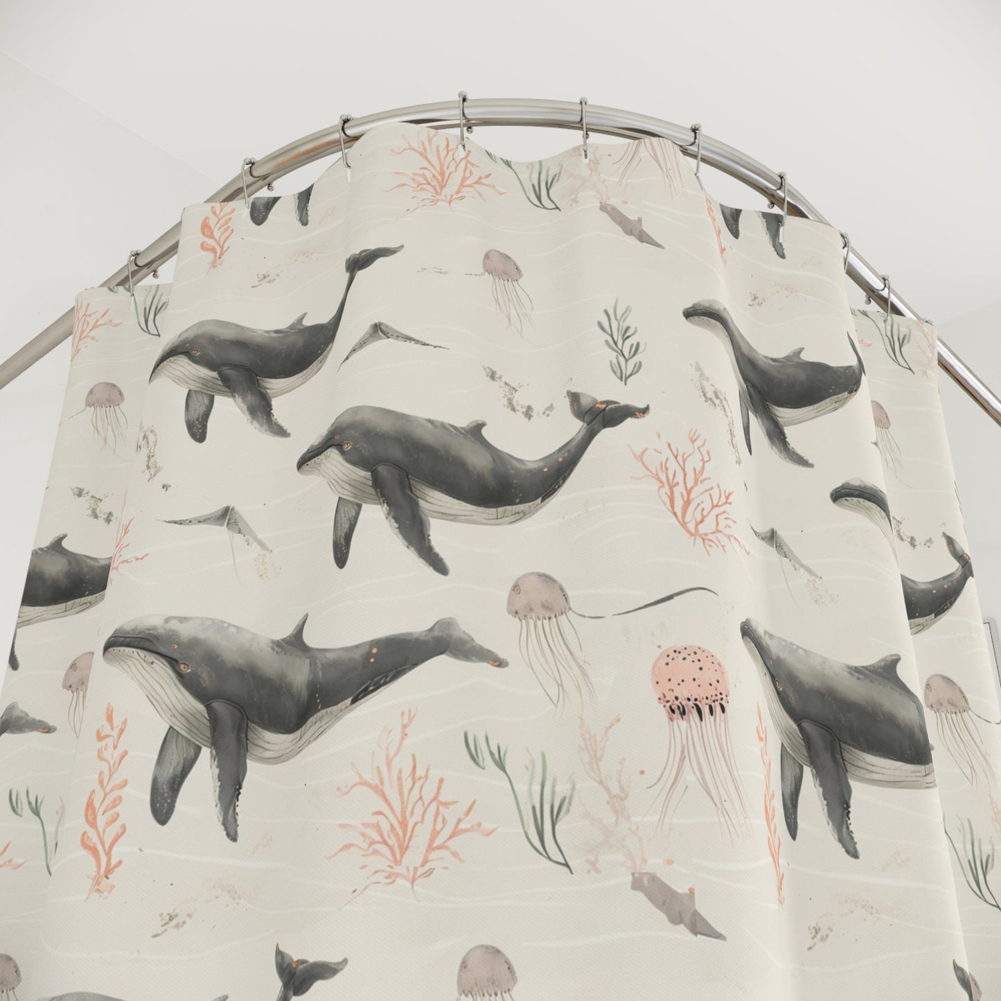 Whale Watercolor Shower Curtain — Nautical Ocean Life Bathroom Decor