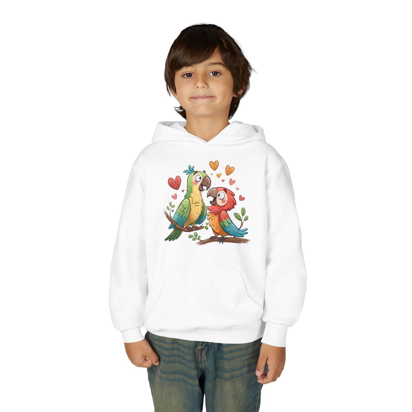 Youth Hoodie — Cute Parrot Couple Illustration (Hearts, Kids Pullover)