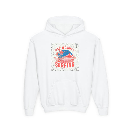 California Surfing Youth Hoodie — Retro Beach Palm Tree Surf Graphic