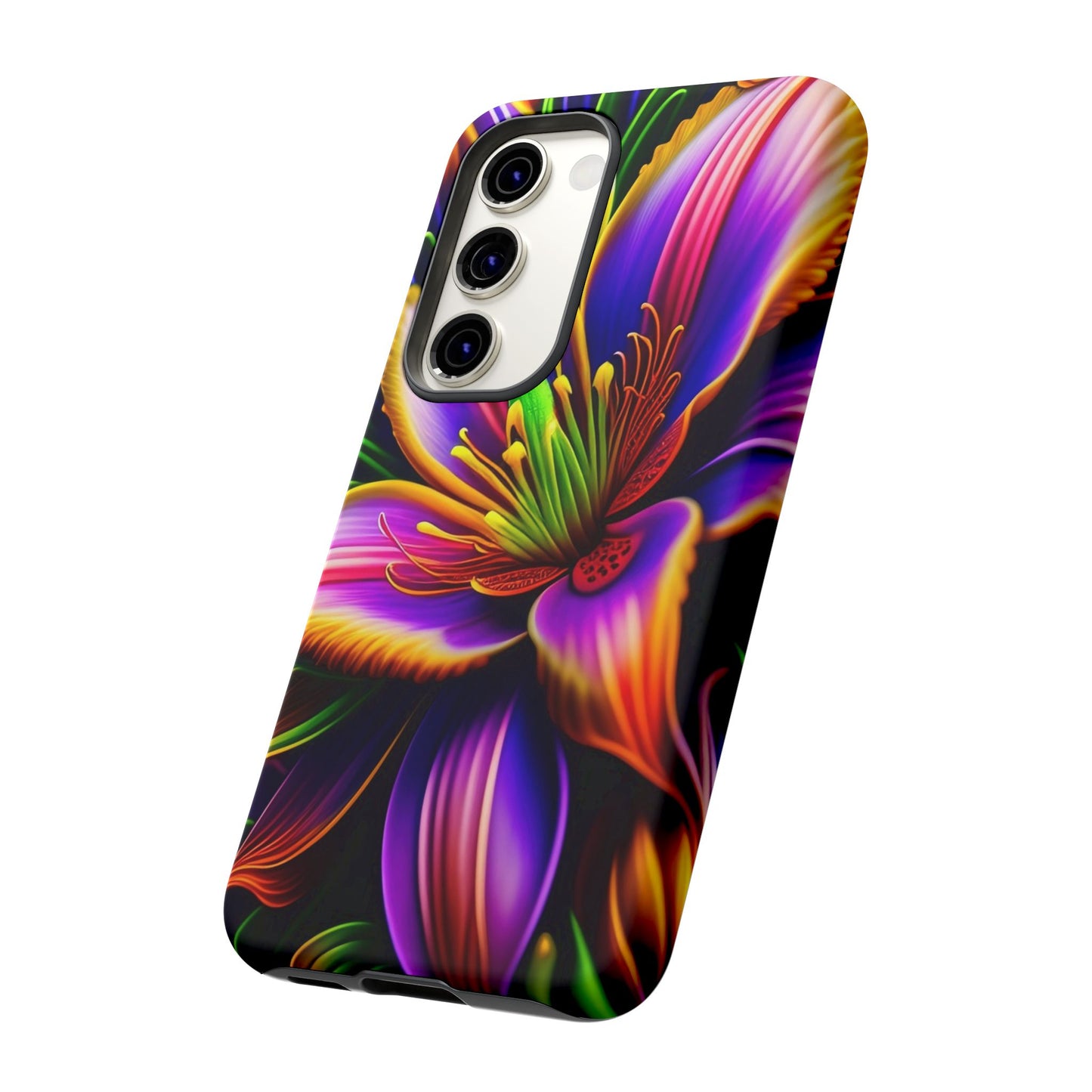 Floral Neon Tough Phone Case — Vivid Purple & Orange Lily Protective Cover