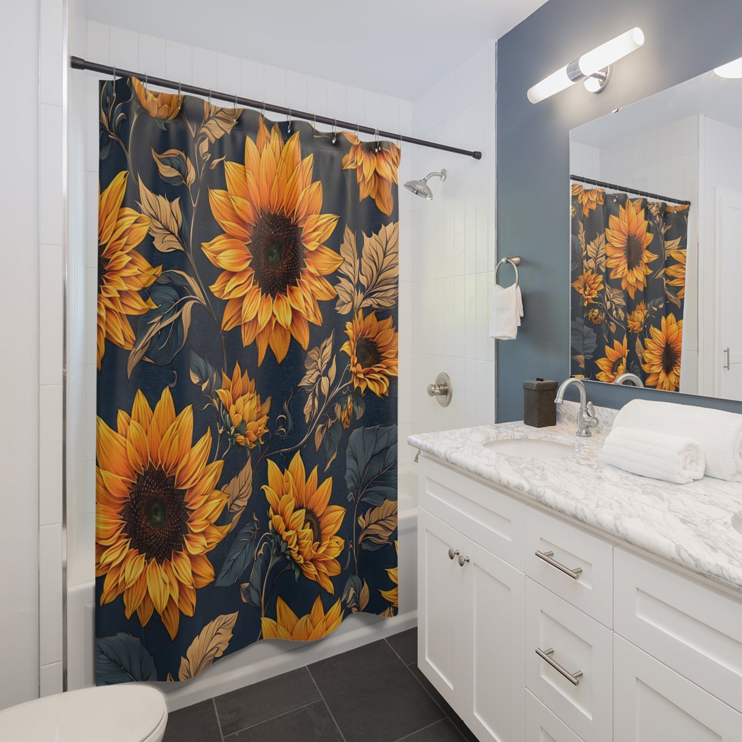 Sunflower Shower Curtain — Golden Sunflowers on Navy Floral Bath Curtain