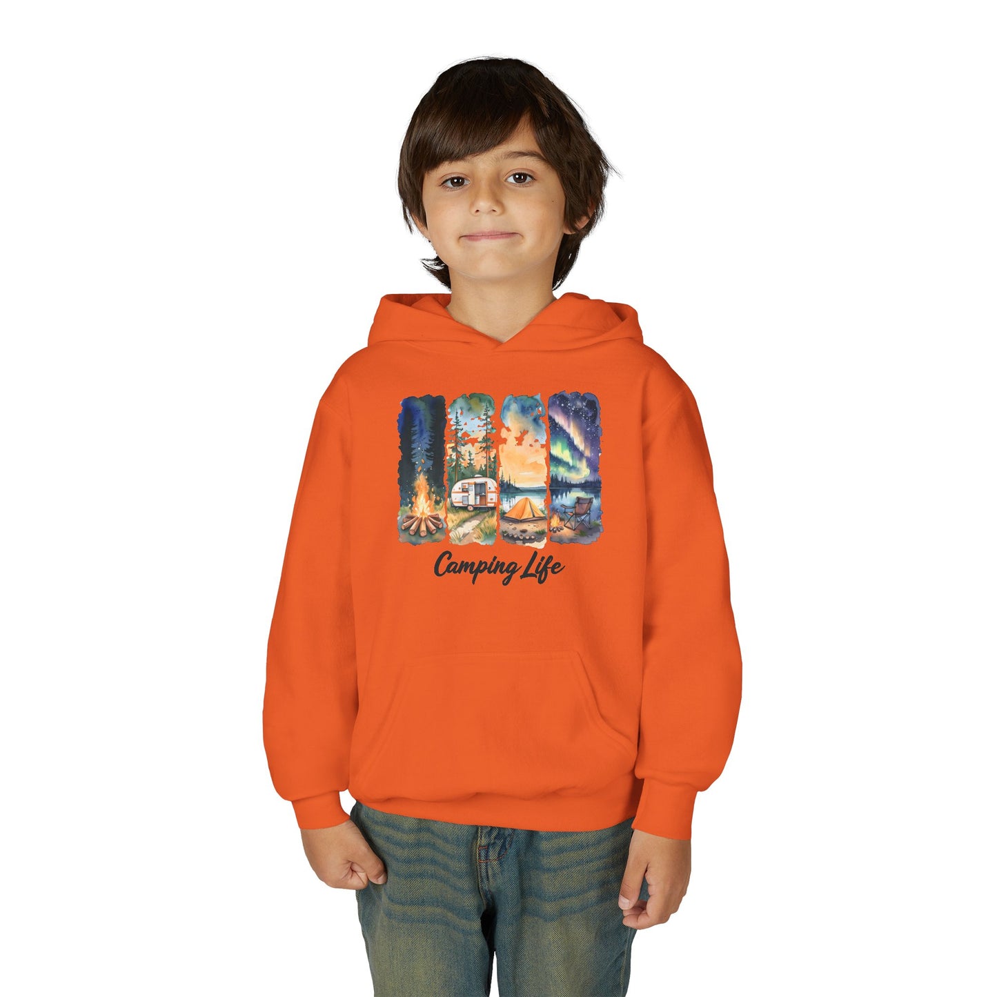 Youth Camping Life Hoodie — Scenic Campfire, Tent & Camper Pullover