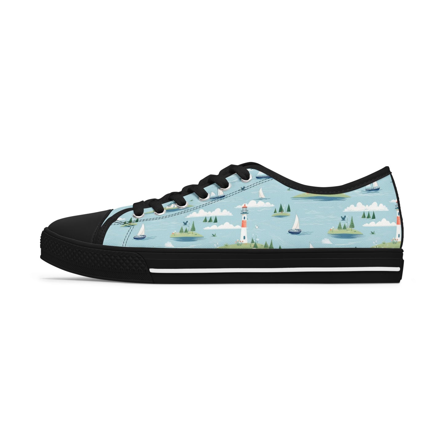 Low Top Sneakers — Nautical Lighthouse Pattern, Cute Coastal Women’s Casual Shoes
