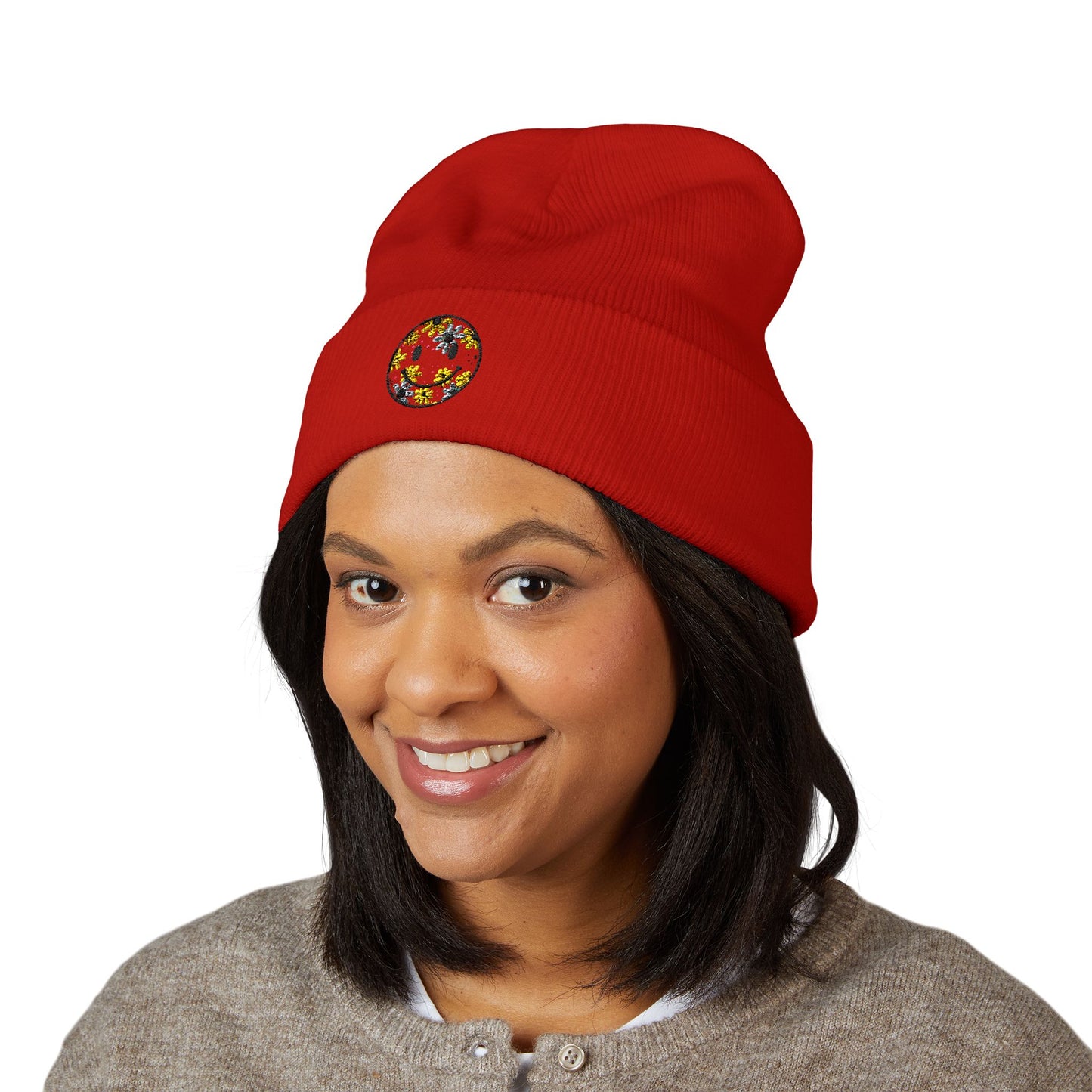 Smiley Daisy Embroidered Beanie — Cute Floral Smile Patch Cuffed Hat