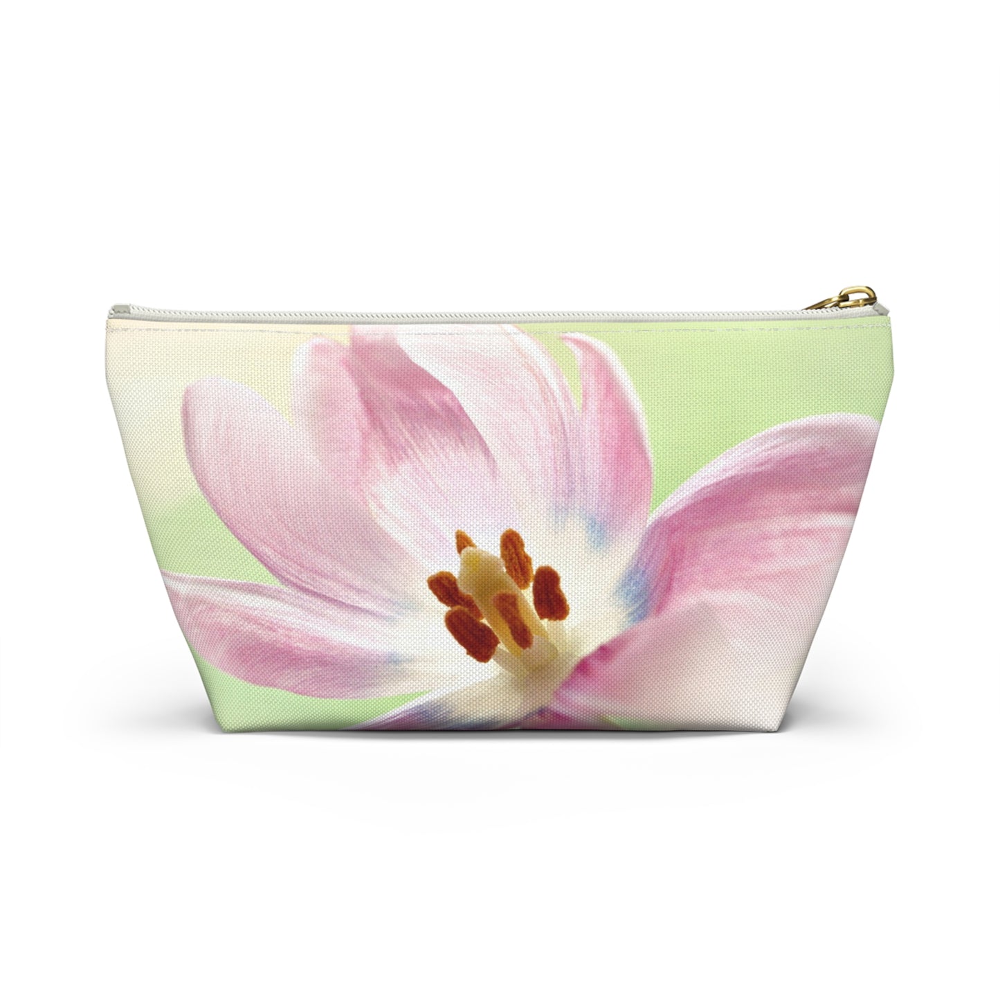 Pink Tulip Floral Accessory Pouch — Cosmetic Makeup Bag with T-Bottom