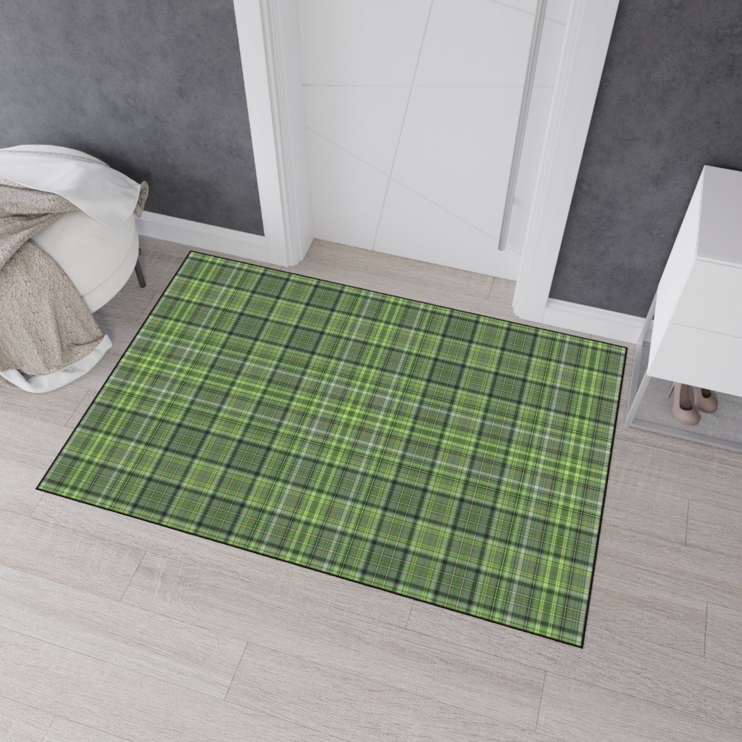 Green Plaid Heavy-Duty Floor Mat — Durable Non-Slip Entry Rug