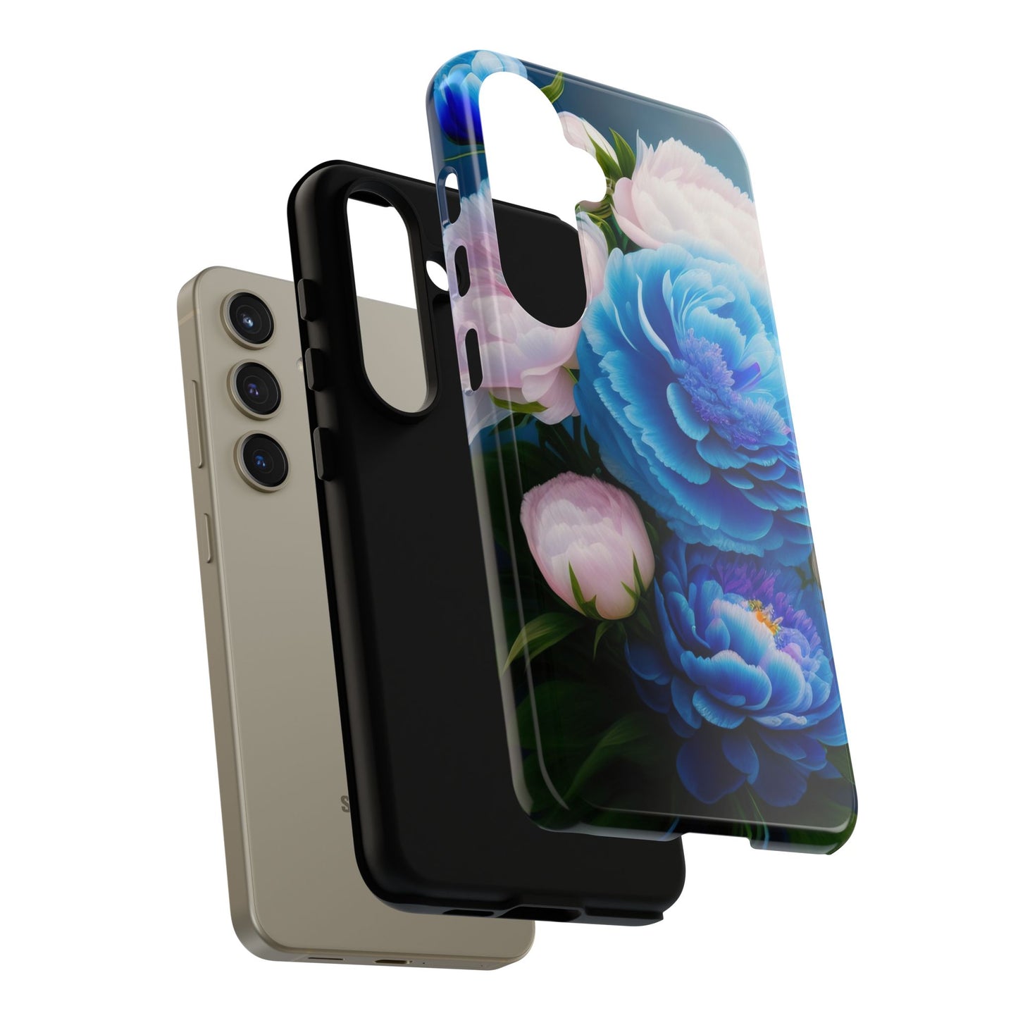 Floral Blue Peony Phone Case — Protective Tough Case with Pink & Blue Blooms