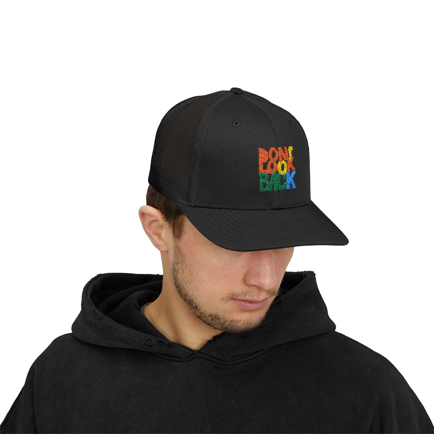 Don’t Look Back Snapback Trucker Cap — Retro Rainbow Embroidered Hat