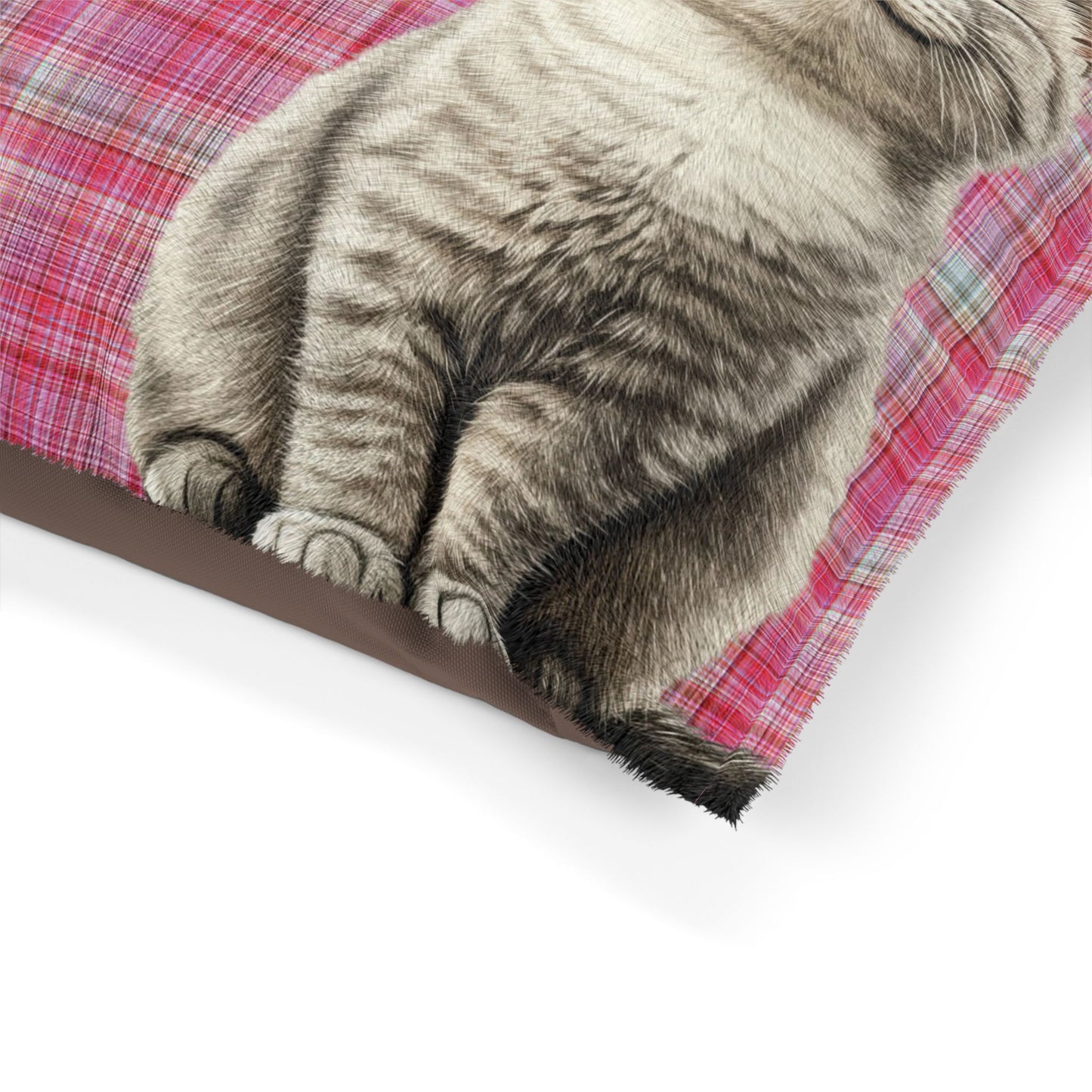 Smiling Gray Cat Plaid Pet Bed — Cozy Pink Cat Bed for Cats & Kittens