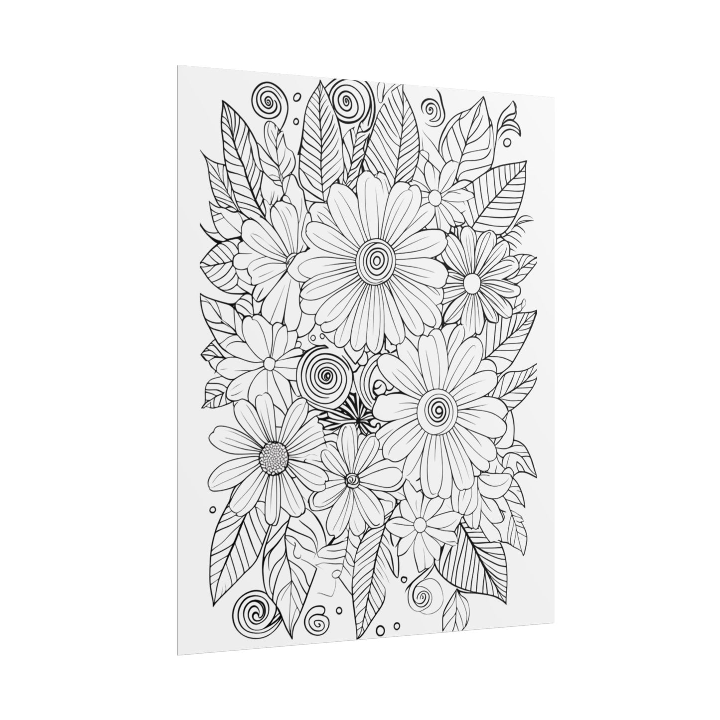 Floral Coloring Poster — Rolled Black & White Doodle Print for Adults, DIY Wall Art