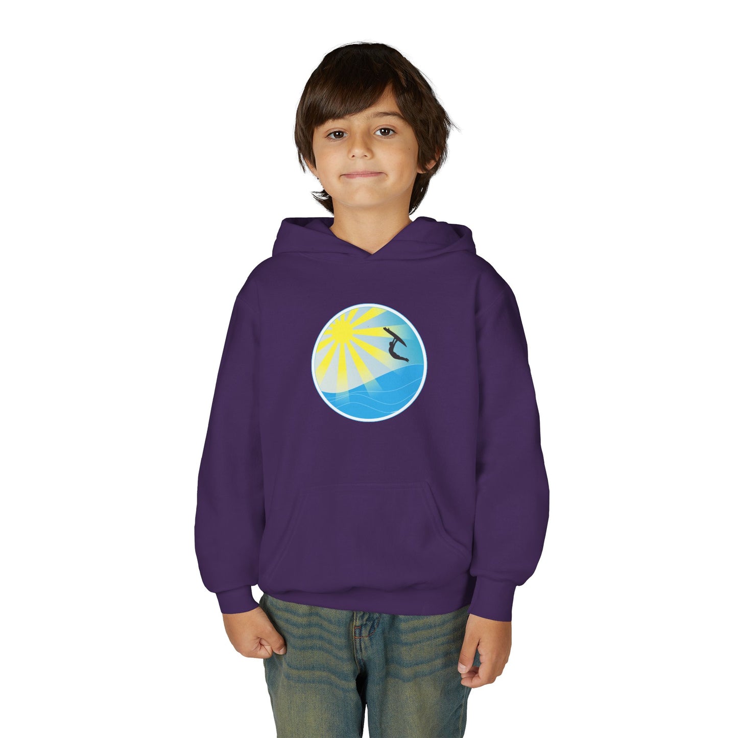Sunrise Surf Circle Youth Hoodie | Surfing Wave Graphic