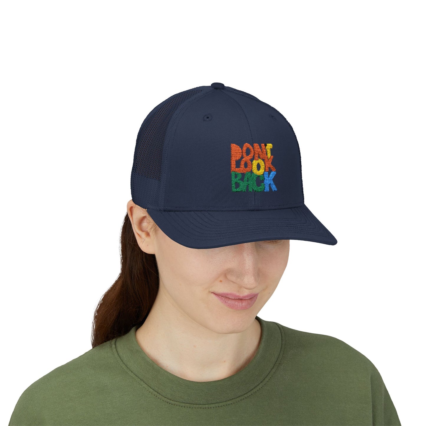 Don’t Look Back Snapback Trucker Cap — Retro Rainbow Embroidered Hat