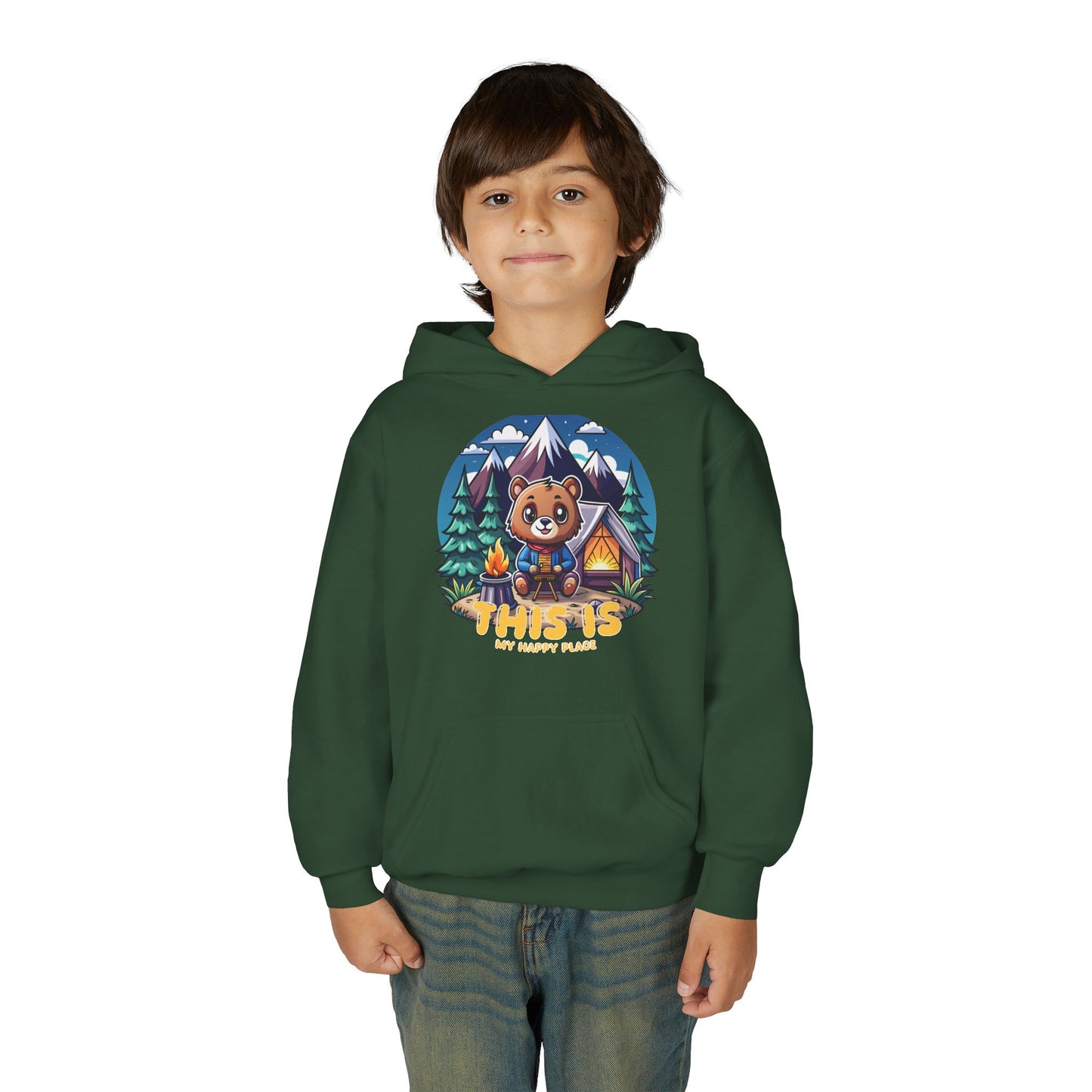 Youth Bear Camping Hoodie — "This is My Happy Place" Cozy Kid’s Outdoor Sweatshirt