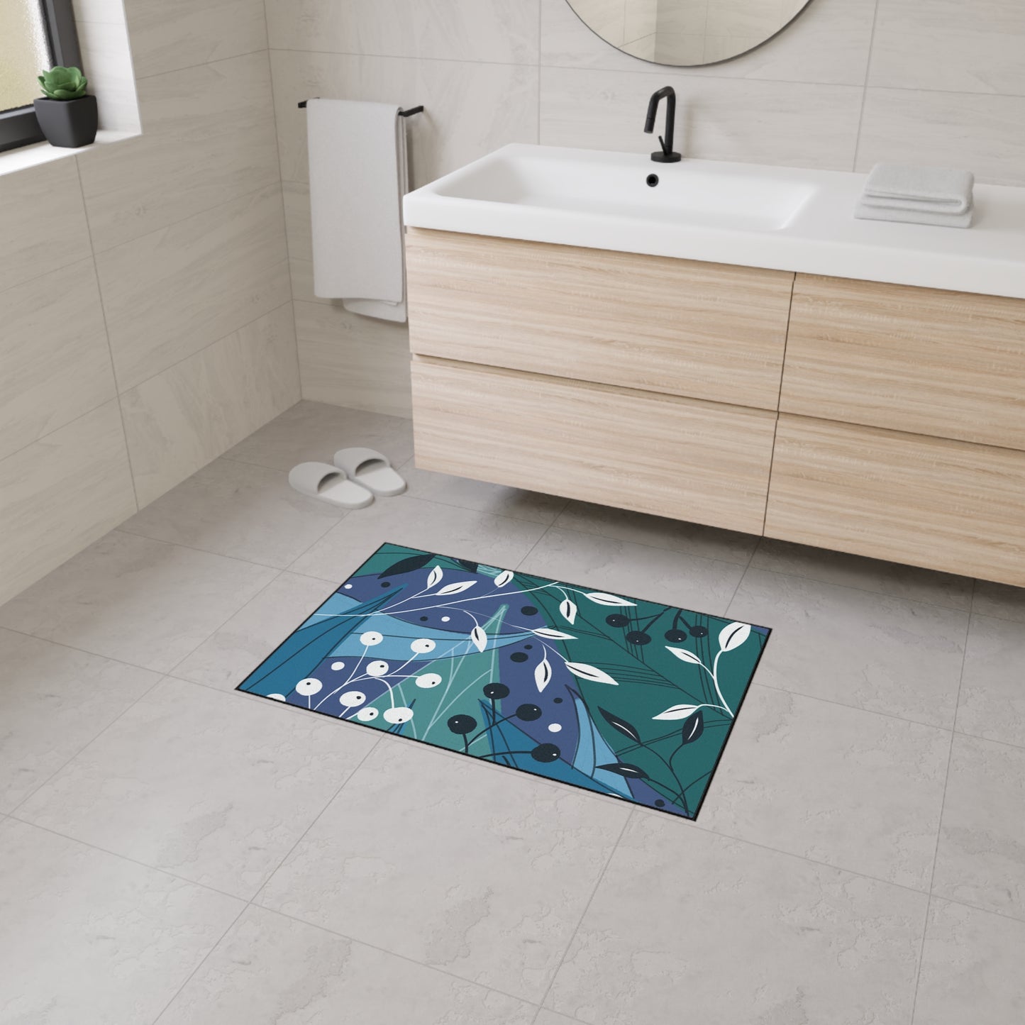 Botanical Blue Heavy-Duty Floor Mat — Durable Floral Entrance Rug