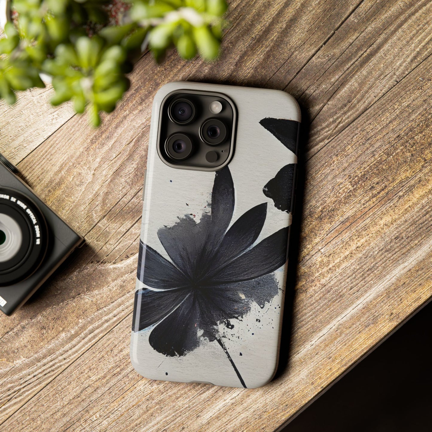 Monochrome Floral Tough Phone Case — Black Ink Flower Protective Cover