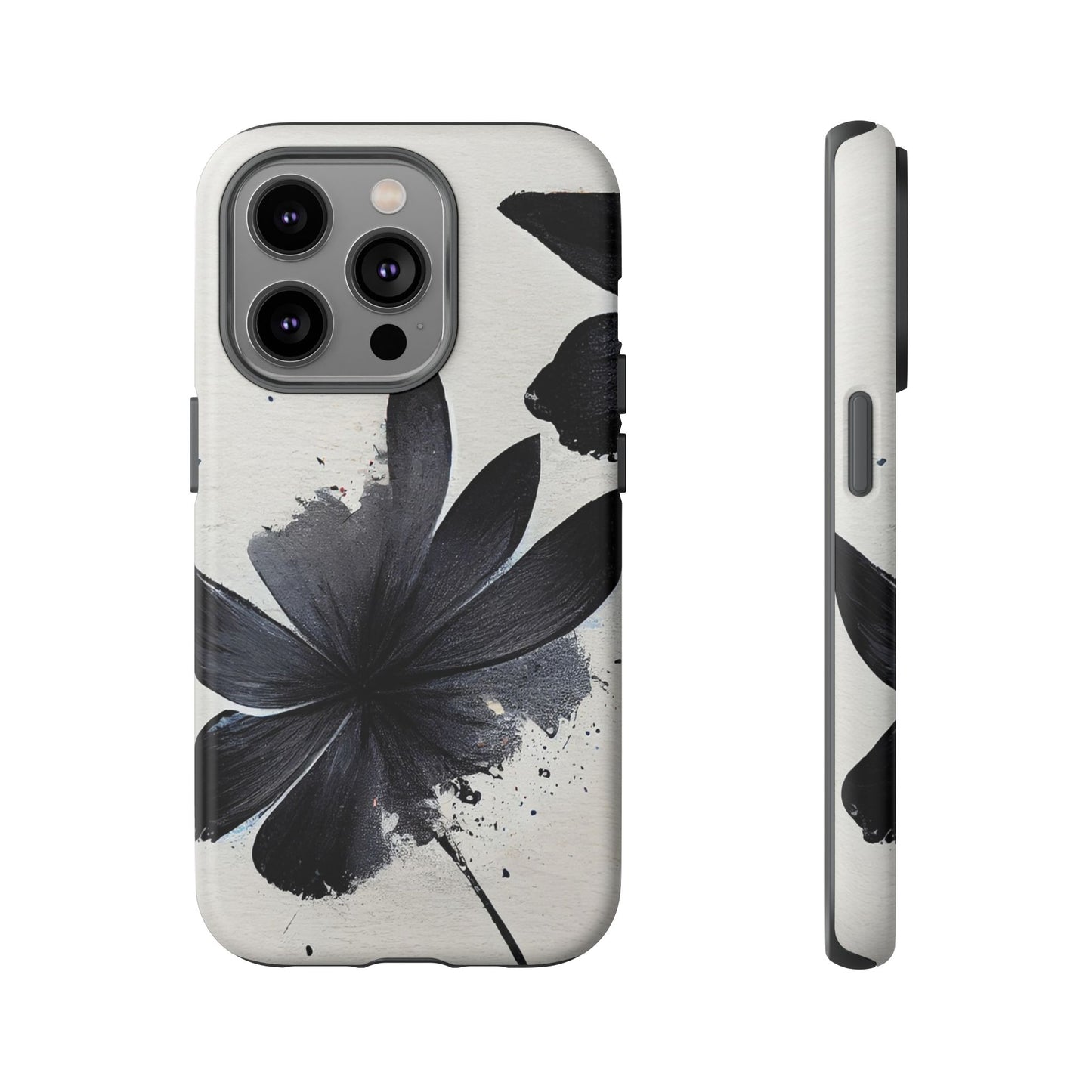 Monochrome Floral Tough Phone Case — Black Ink Flower Protective Cover