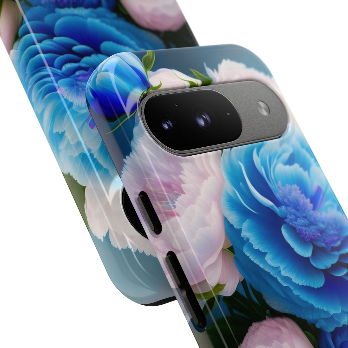 Floral Blue Peony Phone Case — Protective Tough Case with Pink & Blue Blooms