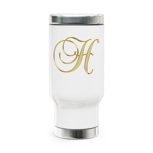 Monogram H Gold Travel Mug — 14oz Stainless Steel Tumbler with Handle