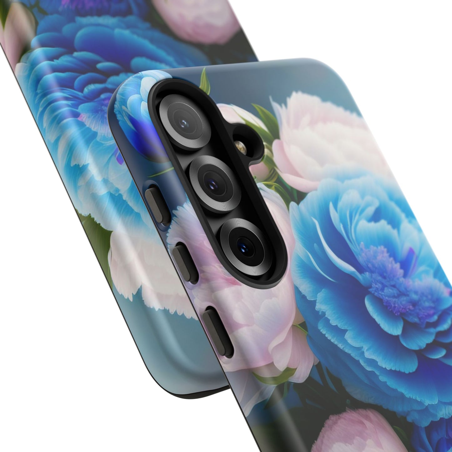 Floral Blue Peony Phone Case — Protective Tough Case with Pink & Blue Blooms