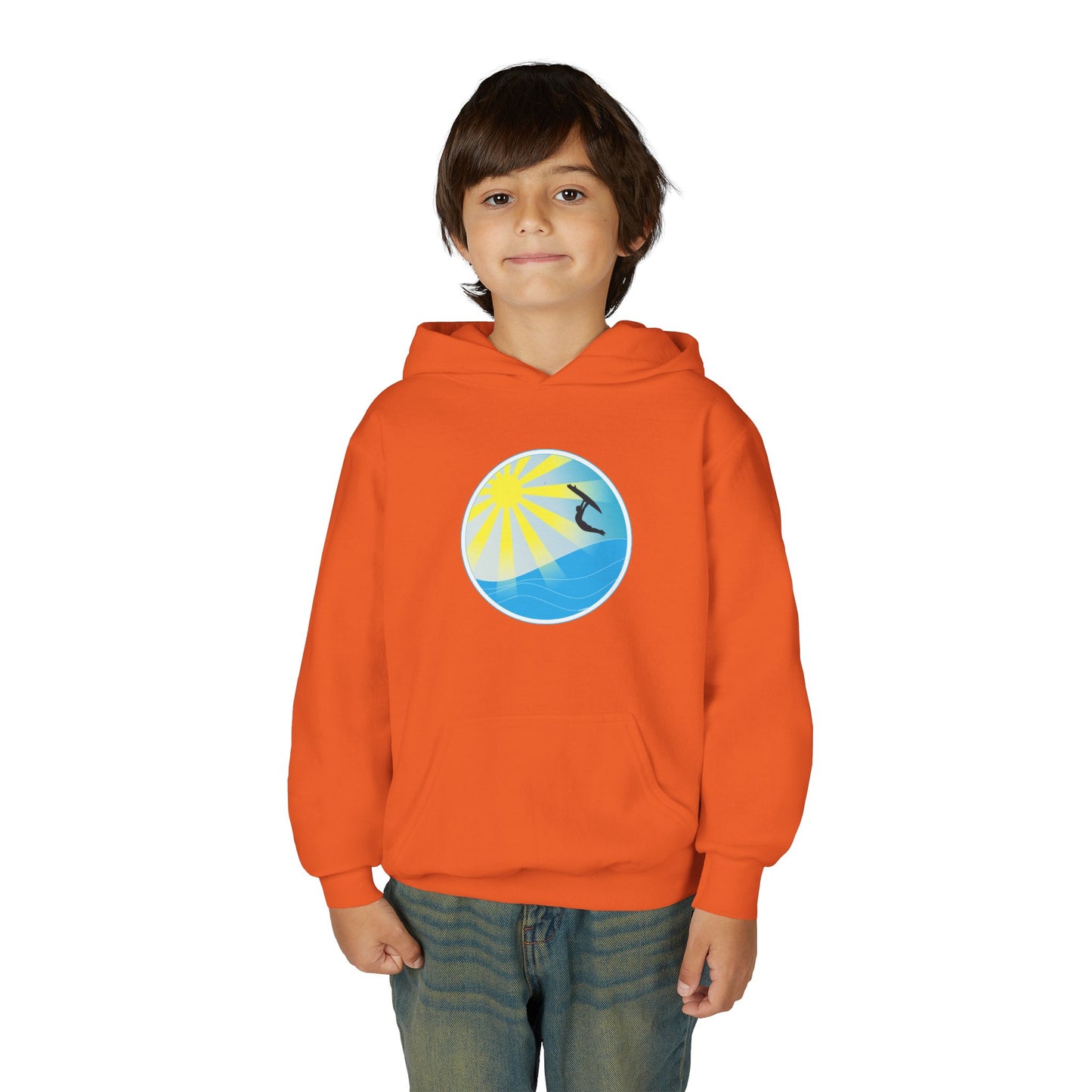 Sunrise Surf Circle Youth Hoodie | Surfing Wave Graphic