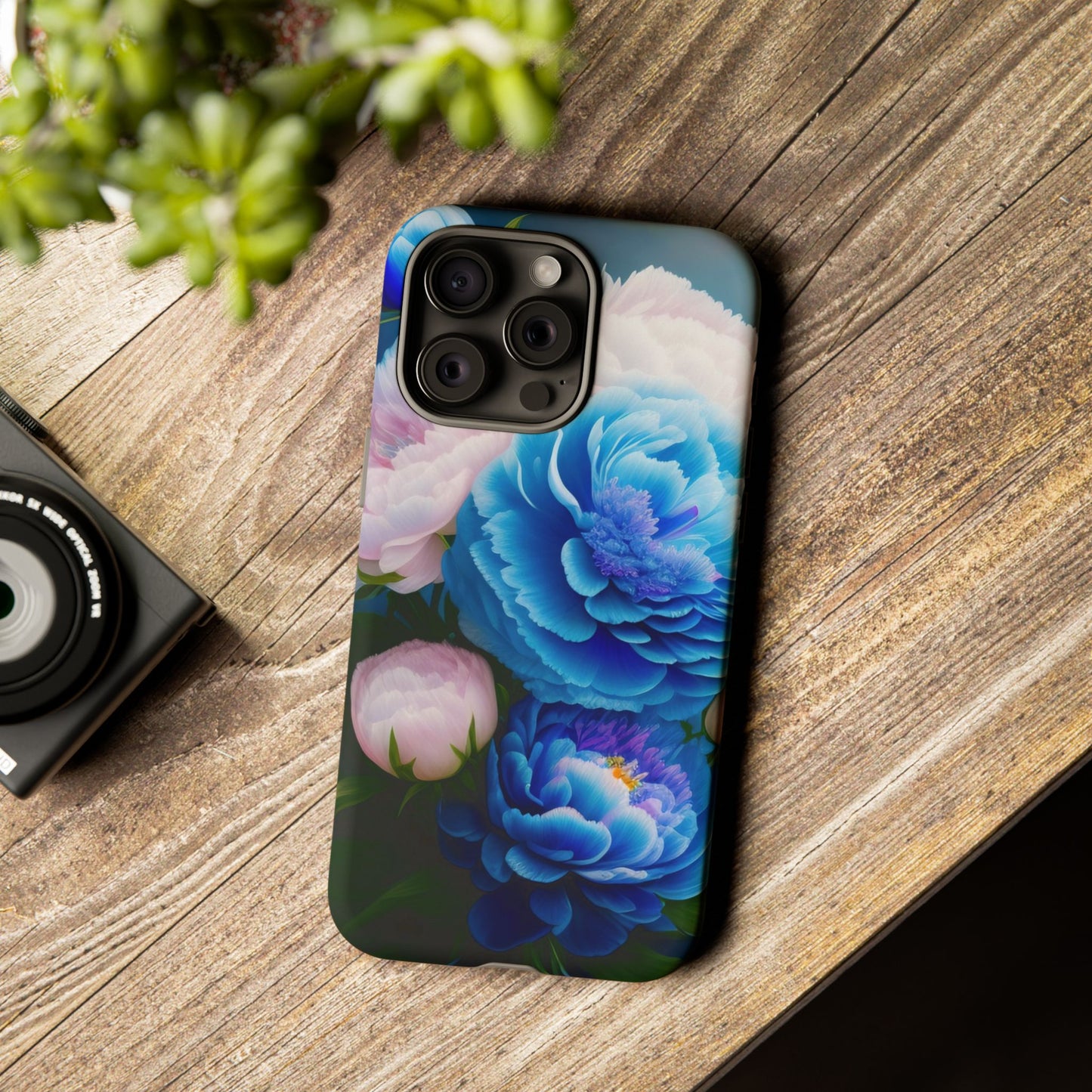 Floral Blue Peony Phone Case — Protective Tough Case with Pink & Blue Blooms
