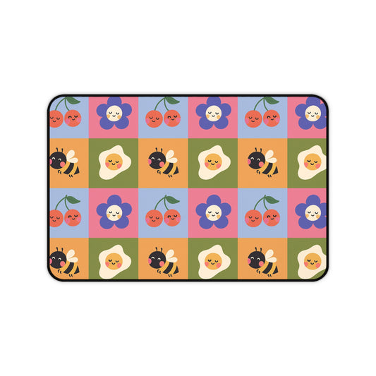 Cute Floral & Bees Desk Mat — Colorful Checkerboard Mouse Pad for Kids & Home Office
