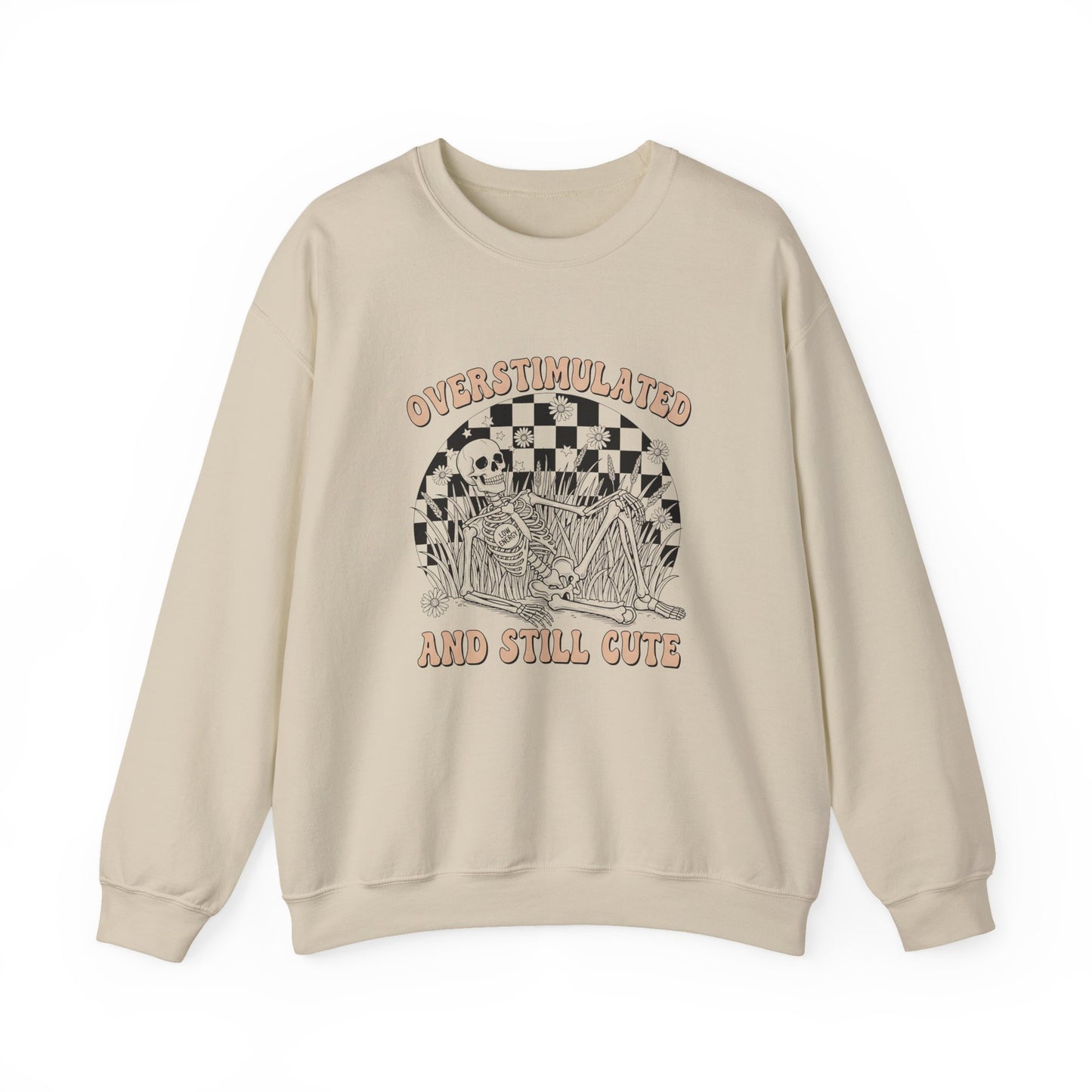 Sweatshirt — "Overstimulated and Still Cute" Skull Checkerboard Graphic Crewneck