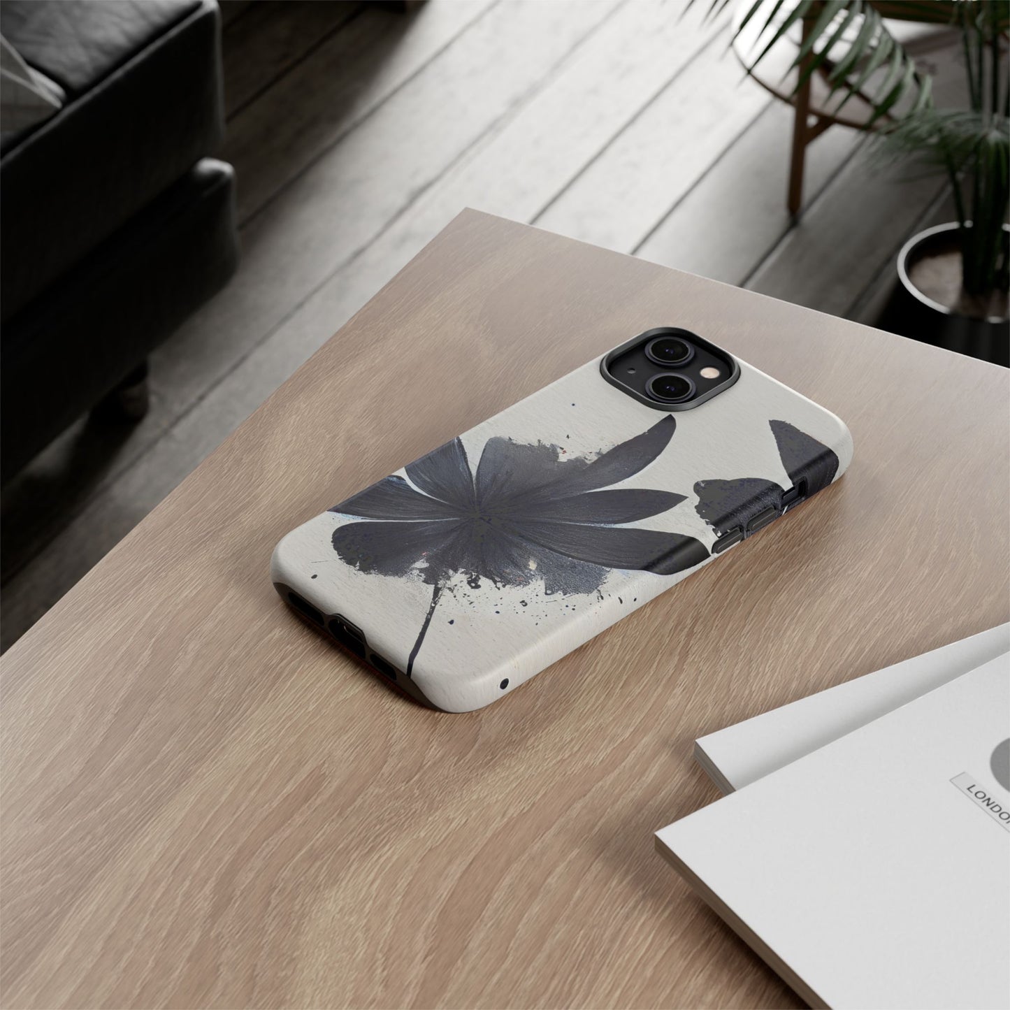 Monochrome Floral Tough Phone Case — Black Ink Flower Protective Cover