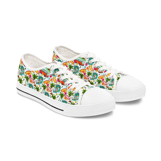 Tropical Floral Low Top Sneakers — Women's Colorful Palm & Hibiscus Print