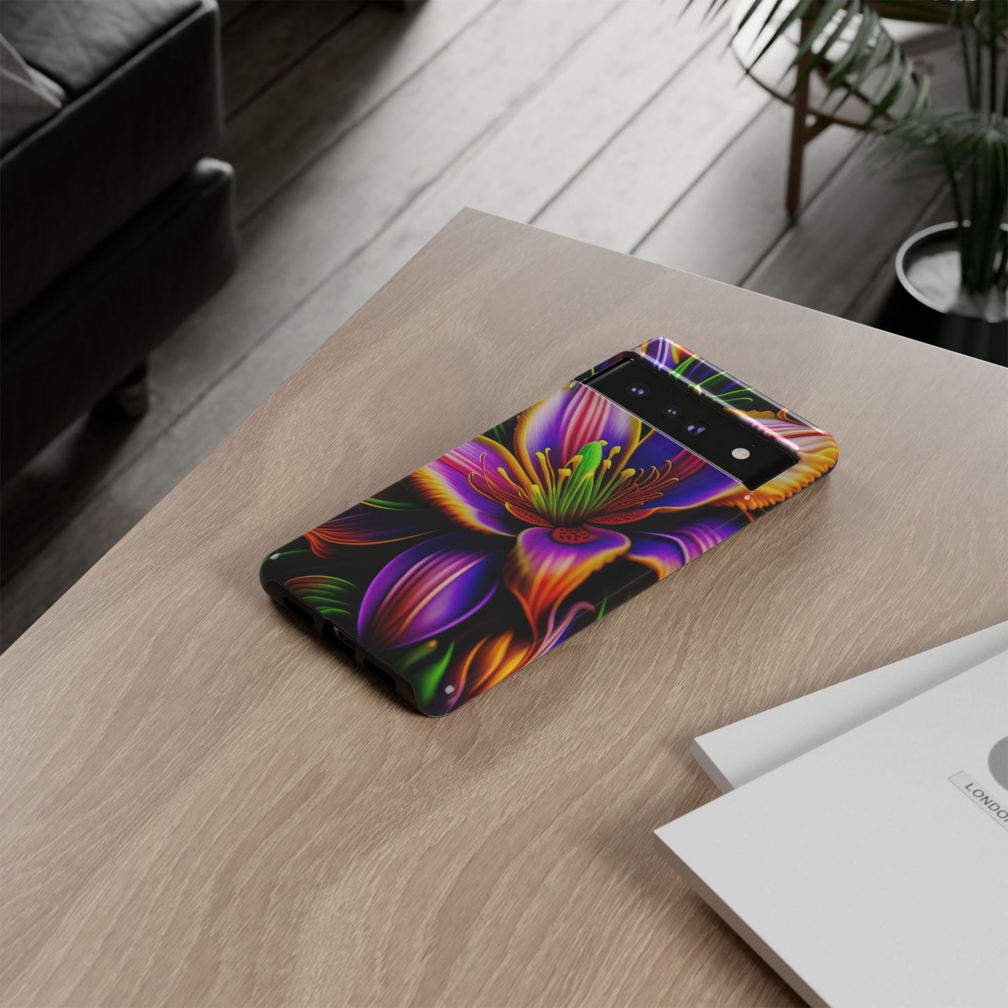 Floral Neon Tough Phone Case — Vivid Purple & Orange Lily Protective Cover
