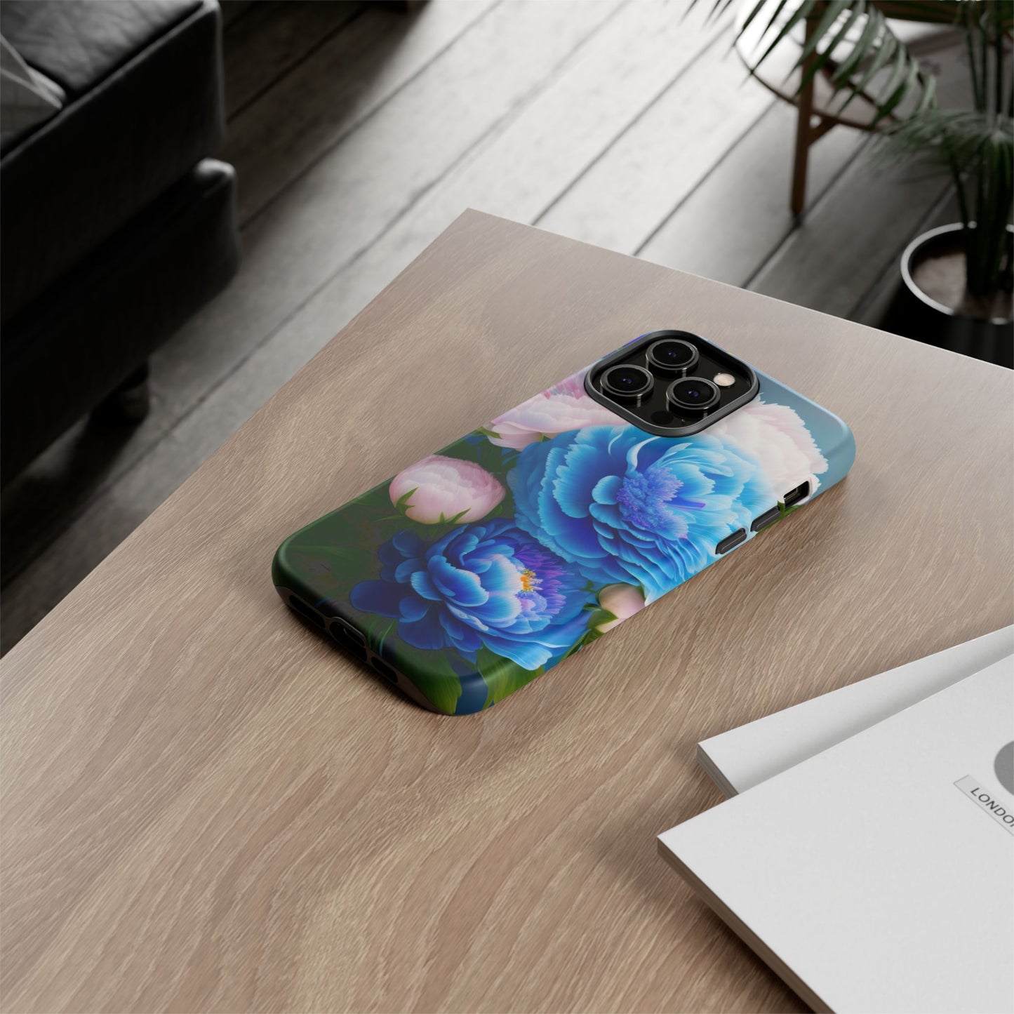 Floral Blue Peony Phone Case — Protective Tough Case with Pink & Blue Blooms
