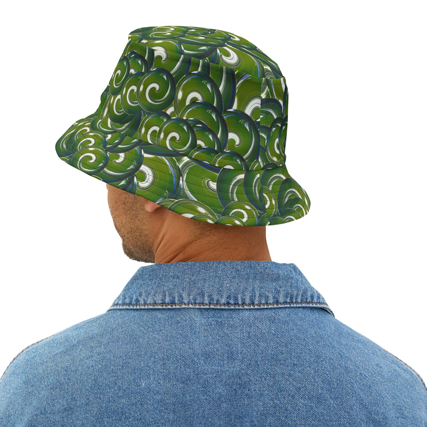 Green Swirl Pattern Bucket Hat – All-Over Print Casual Sun Hat