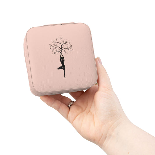 Compact Pink Jewelry Travel Case — Tree Pose Dancer Design, Portable Ring & Earring Organizer
