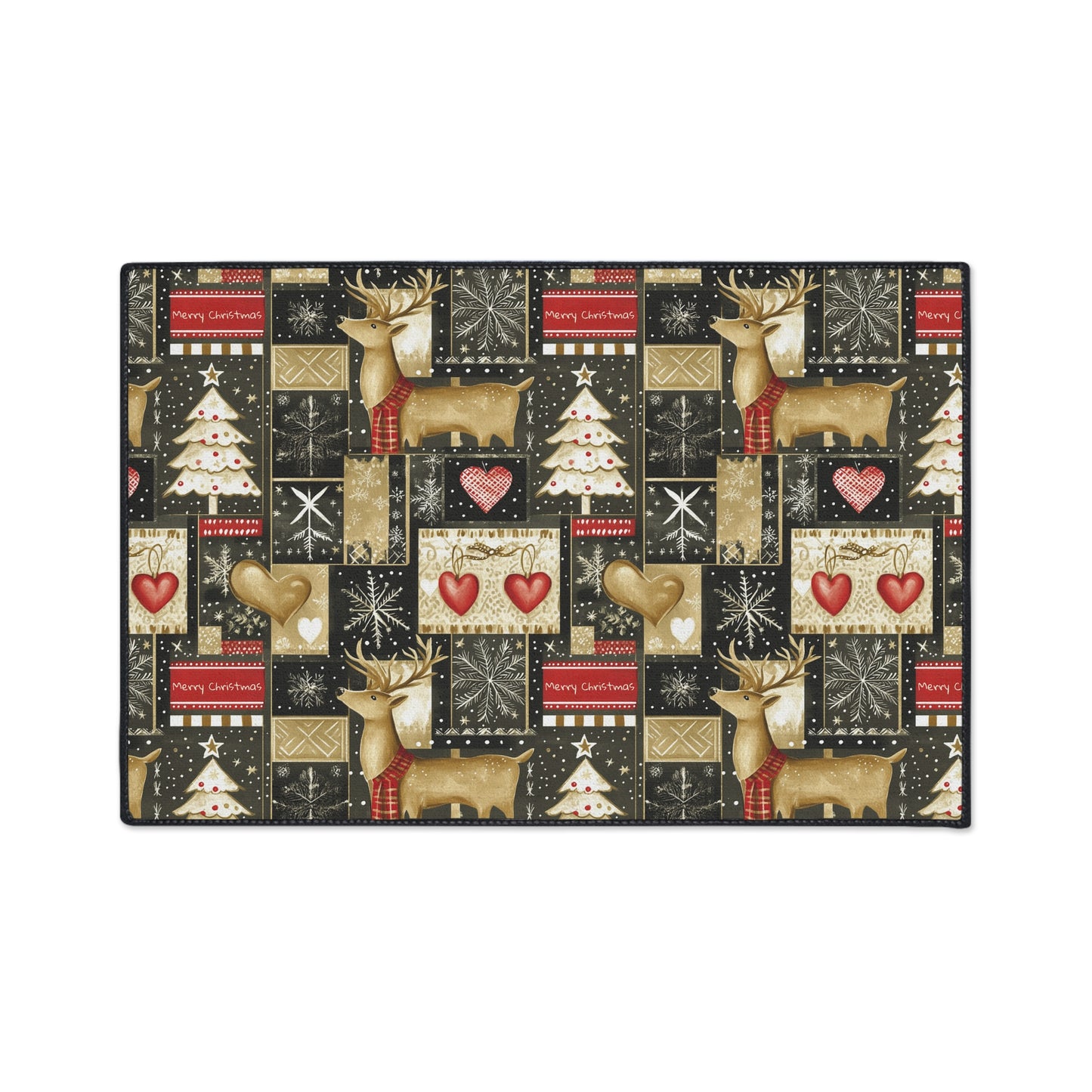 Christmas Reindeer Patchwork Floor Mat — Heavy Duty Holiday Entry Rug