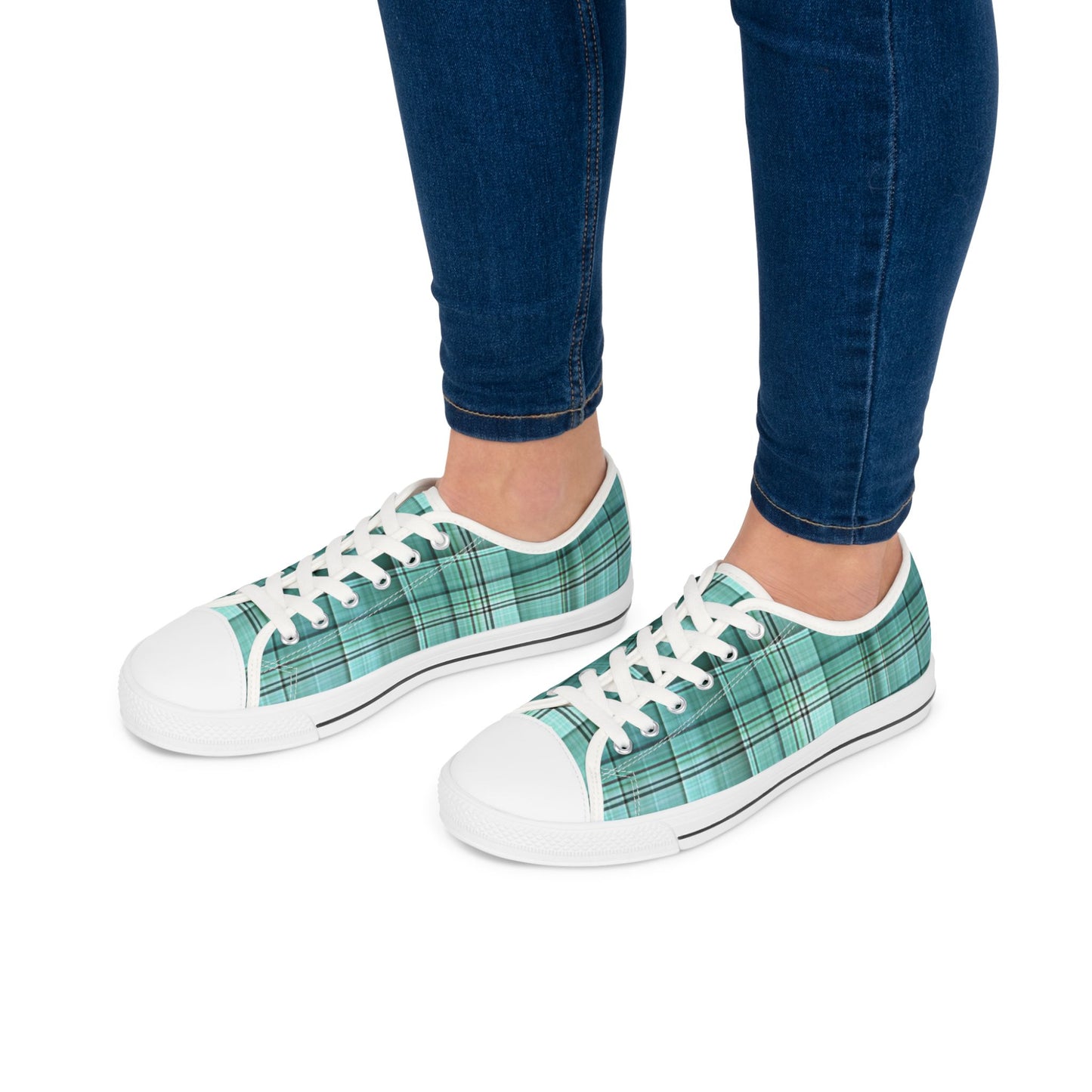 Teal Plaid Women's Low Top Sneakers — Casual Retro Style for Everyday Wear