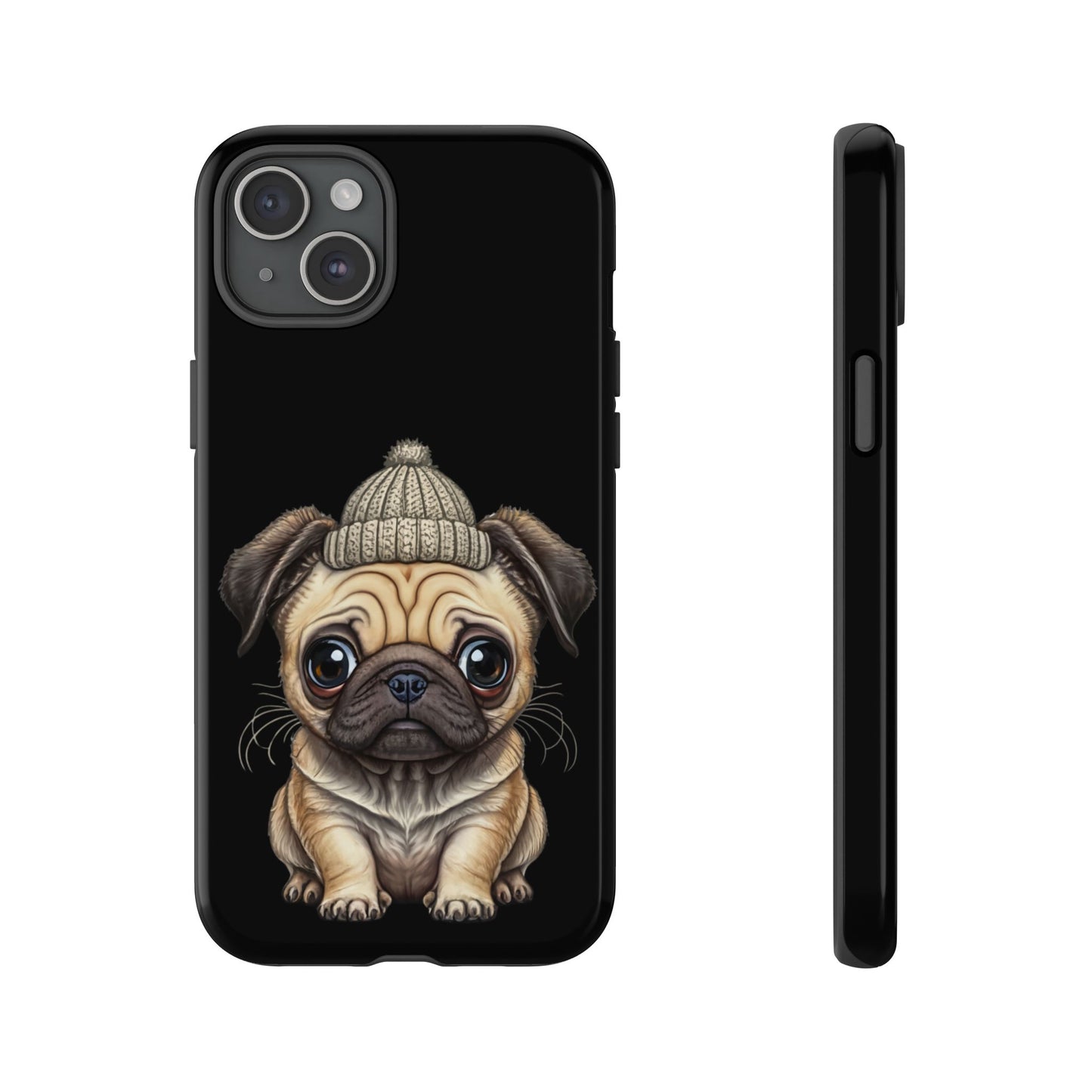 Pug Phone Case – Cute Pug Puppy Illustration on Black Tough Case
