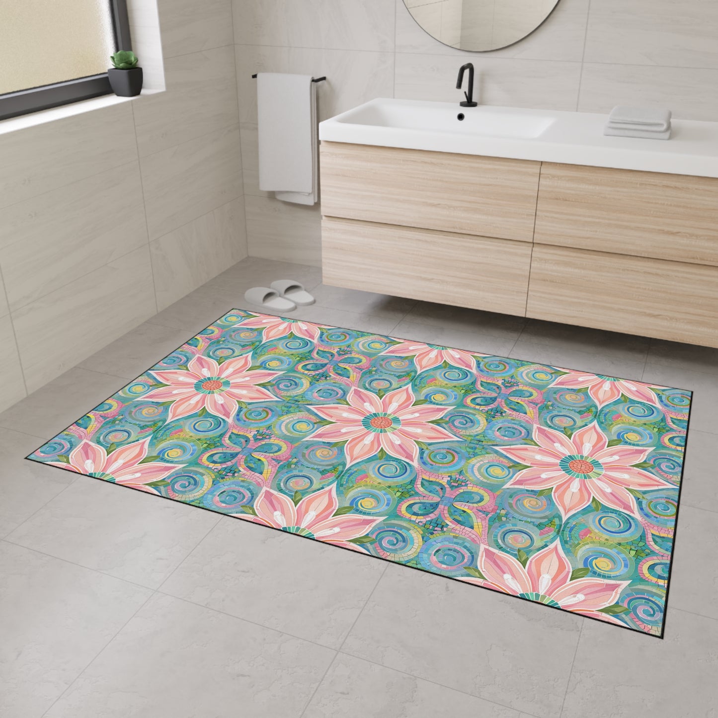 Floral Kaleidoscope Heavy-Duty Floor Mat — Pink Petal Outdoor/Entry Rug