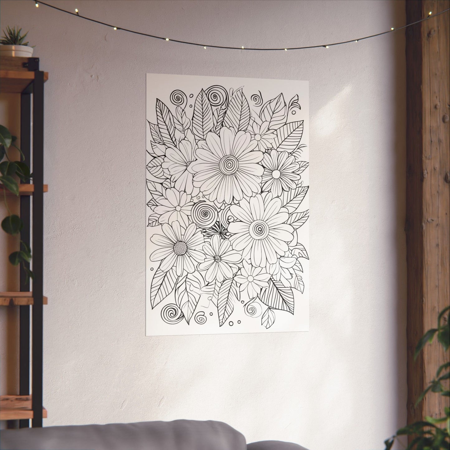 DIY Botanical Doodle Poster — Black & White Floral Coloring Art Print