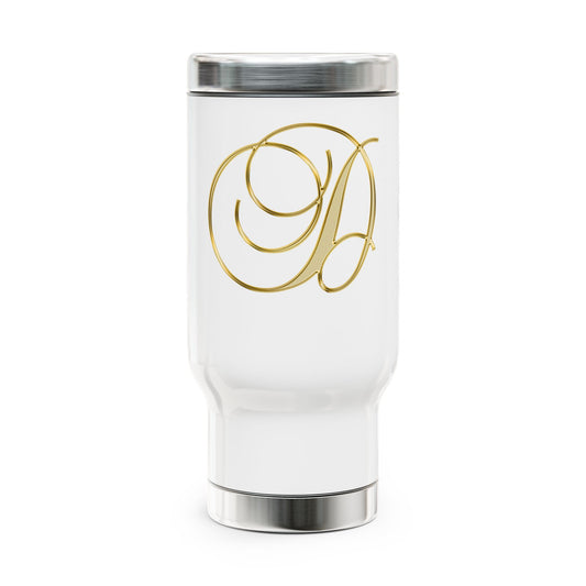 Monogram Travel Mug — Elegant Gold Script Letter “A” Stainless Steel 14oz