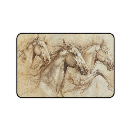 Running Horses Desk Mat — Vintage Sketch Horse Mouse Pad for Equestrian Desks