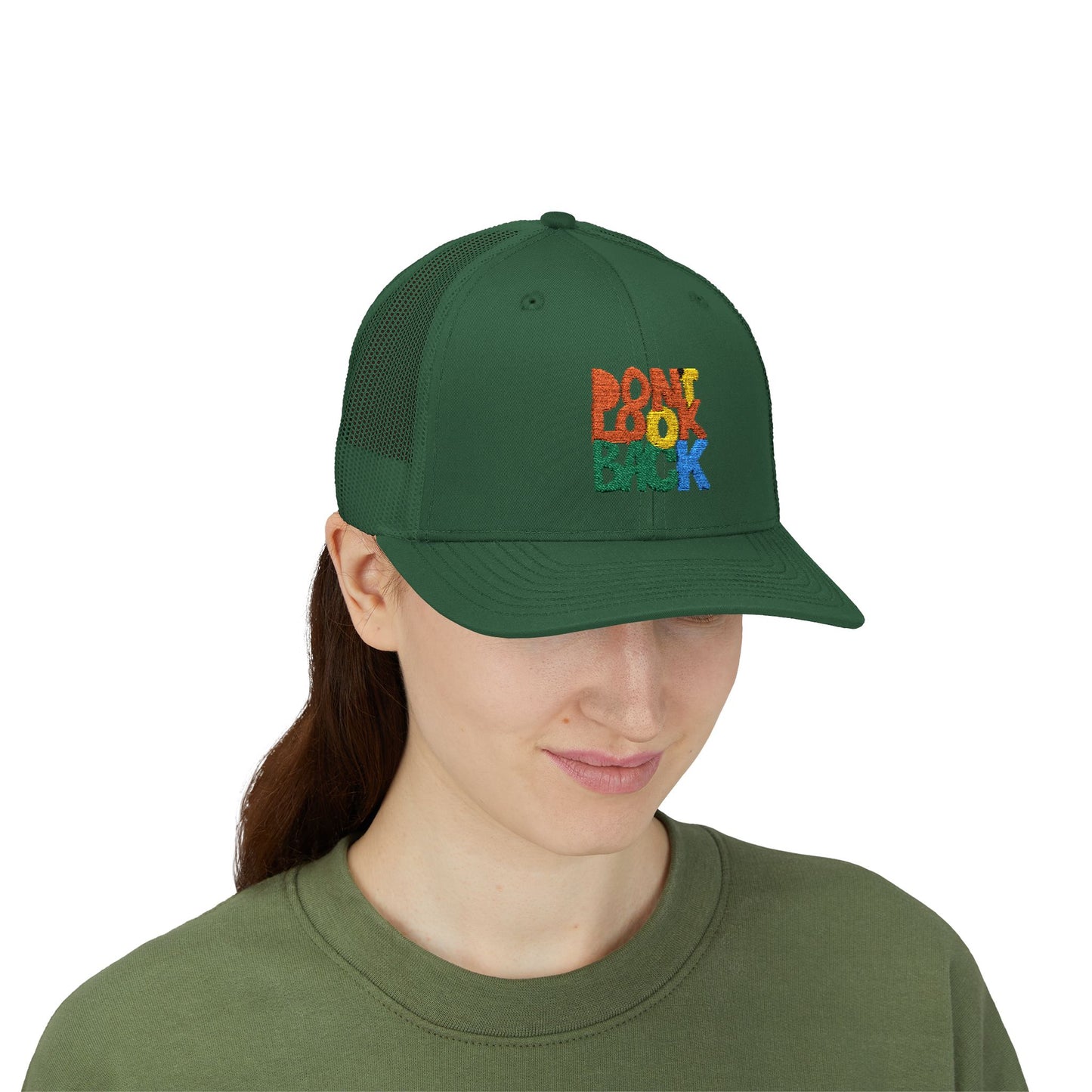 Don’t Look Back Snapback Trucker Cap — Retro Rainbow Embroidered Hat