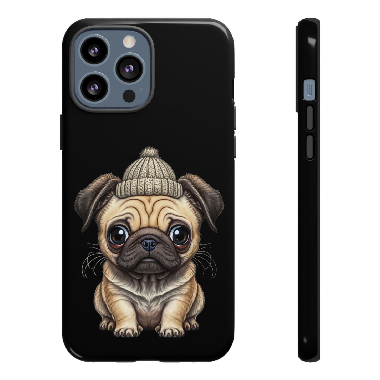 Pug Phone Case – Cute Pug Puppy Illustration on Black Tough Case