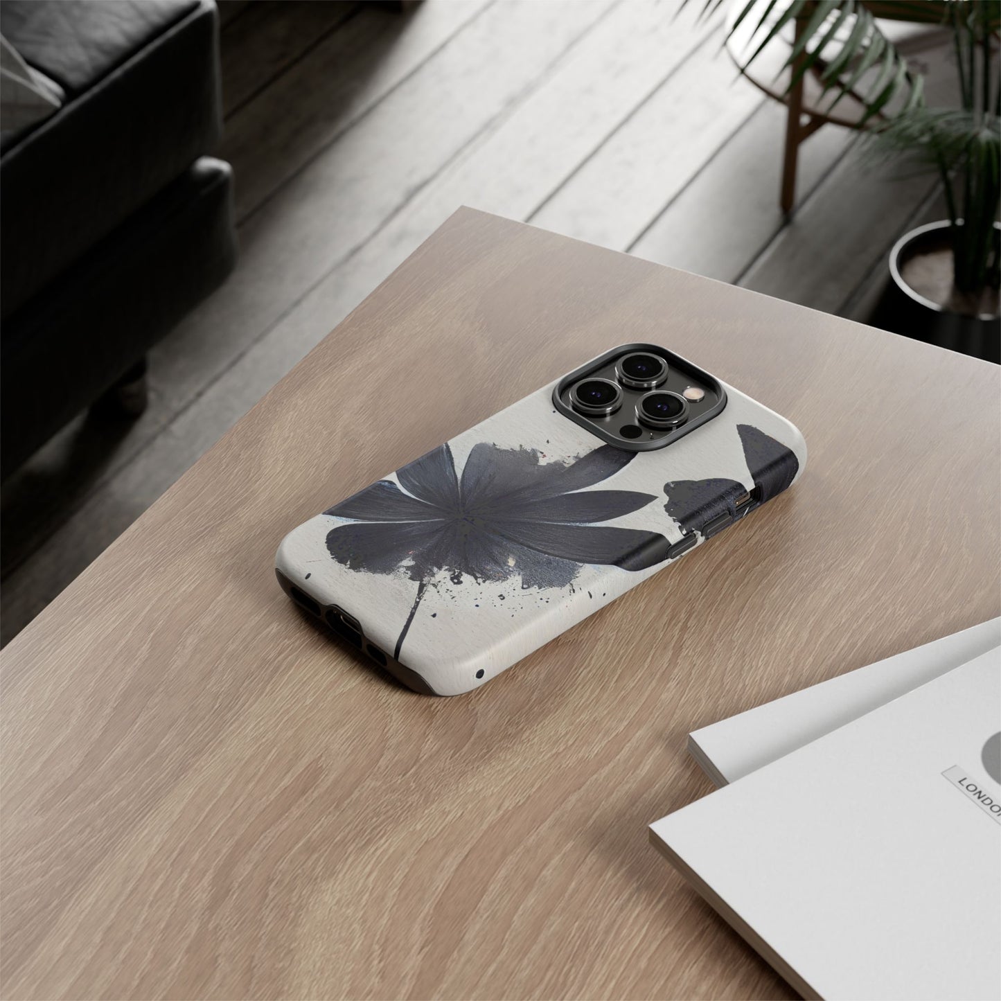 Monochrome Floral Tough Phone Case — Black Ink Flower Protective Cover